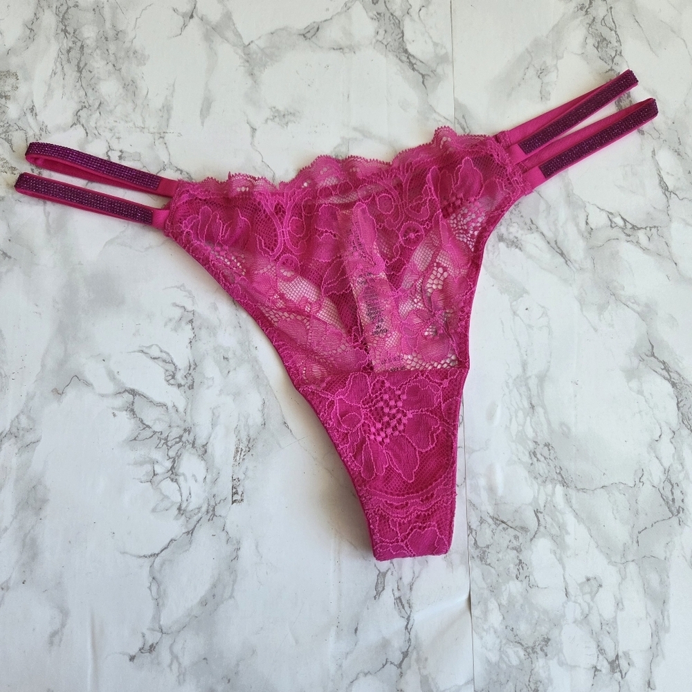 VS Double Shine Strap Lace Thong Panty Pink
